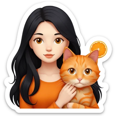 beautiful girl with flowing long black hair holding a cute orange ginger cat sticker