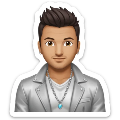 Peter Andre with dark brown hair, shirtless with necklace, silver jacket sticker