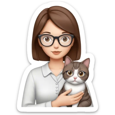 una mujer con cabello café y lentes blancos con una gata entre sus brazos de color gris sticker
