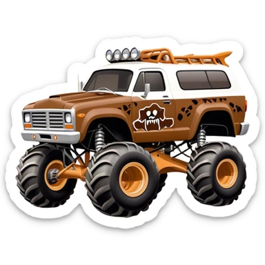 Monster Mutt - Monster Jam (Model Year: 2021) (Iconic colour: Brown with dog features) - A unique monster truck with playful, dog-inspired design cues. The vehicle is painted in warm brown tones and features subtle dog motifs (such as a stylized snout or ear shapes). It should blend the rugged power of a monster truck with quirky, endearing canine features. sticker