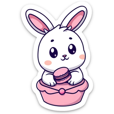 chibi bunny holding a giant macaron, soft pink background, pastel dessert theme, adorable illustration sticker