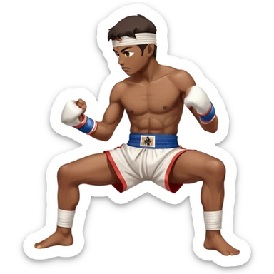 ​Cinematic Realistic Traditional Muay Thai Fighter, depicted in authentic attire featuring white bandaged gloves wrapped around his fists, a traditional headband tied neatly, and classic Muay Thai shorts, captured in a dynamic fighting stance under dramatic, high-energy lighting that highlights the raw power and elegance of the art, sticker
