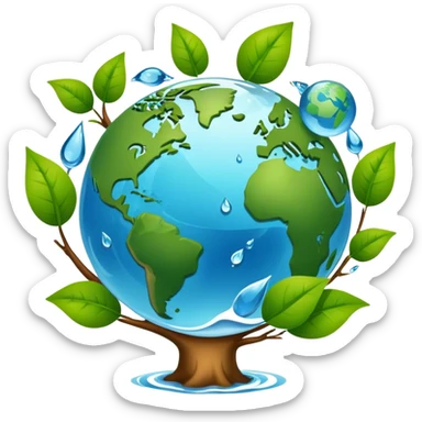 An icon featuring a globe with green leaves, a recycling symbol, and a water droplet, symbolizing ecology. The design includes trees, animals, and renewable energy icons, representing the study of ecosystems, environmental protection, and sustainability. Transparent background sticker