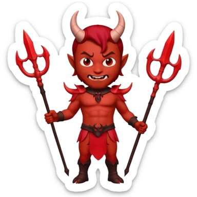 Full body shot 3D Memoji male devil, holding a three-pronged trident. Red skin, small horns, scary pose, solid background. sticker