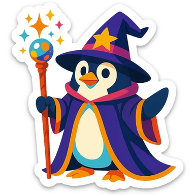 penguin wizard, vibrant and magical, holding a staff, wearing a pointed hat sticker
