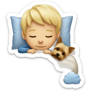 Blonde little boy sleeping în bed with Yorkshire terrier sticker