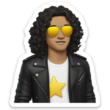 Conan Gray with long dark curly hair, a white shirt, a leather jacket with yellow stars, sunglasses, and black jeans sticker