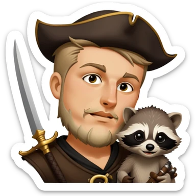 Pirate king with a fancy throwing knife and a little pet raccoon on his shoulder sticker