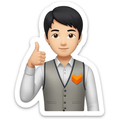 Black hair asian man giving a thumbs up. Wearing a plain grey vest that has a very small logo on it, which shows a square in solid orange color and a simple white capitalized "Y" inside of it. sticker