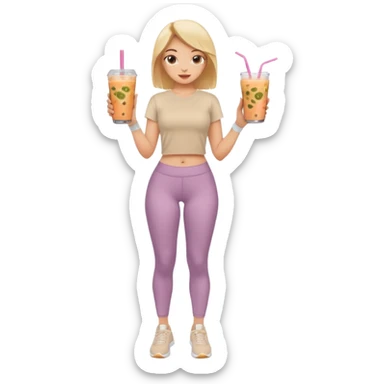 a young woman full length in a beige top and leggings and white sneakers with a passion fruit smoothie in one hand and a salmon poke bowl in the other hand sticker