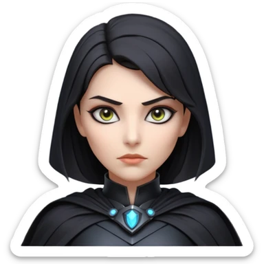 dark sci-fi villain female portrait, head and shoulders only, black armor, cape collar, intense eyes, sharp confident expression, subtle futuristic makeup, dramatic lighting, 3D cartoon, mobile game icon style, clean background, no text, no watermark
 sticker