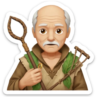 ancient old man, tattered leaf cloth, hold the slingshot sticker