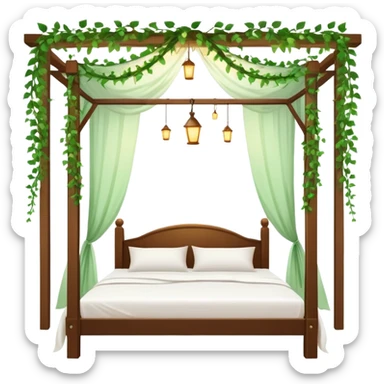 bed with fairy lights and green vines hanging from the ceiling sticker