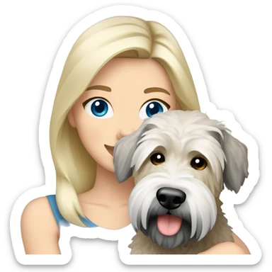 pretty woman blonde hair blue eyes hugging a white and gray soft coated wheaten terrier dog sticker