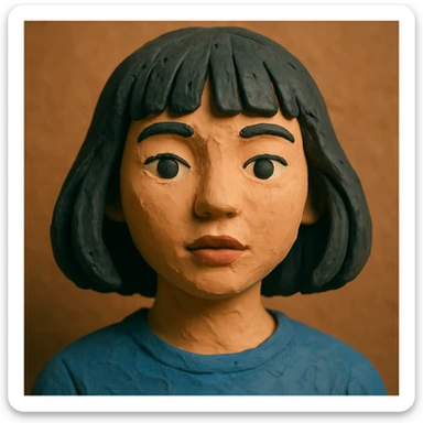 portrait of a girl with black shoulder-length hair, bangs, black almond-shaped eyes, full lips, and straight nose, claymation style sticker