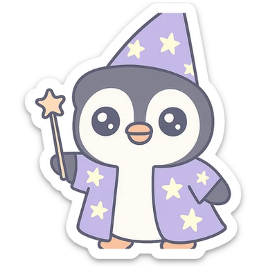 cartoon penguin wizard casting a spell wearing a starry robe and holding a wand sticker