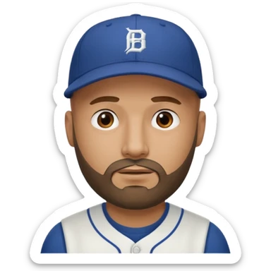 Man with bald head and beard wearing a baseball cap sticker