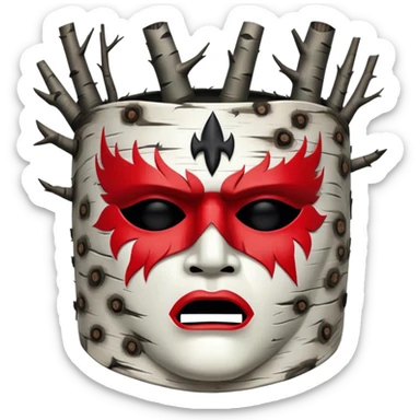 birch tree male mask in kokoshnik expressing anger, white, black and red palette, the texture has black marks sticker
