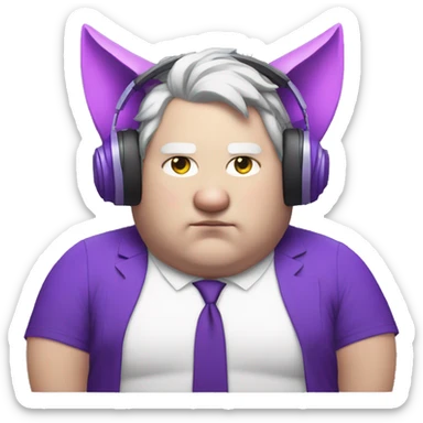 fat white man with purple cat ears, listening to music sticker
