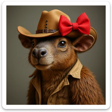Add a red bow to the capybara wearing a cowboy hat, in a realistic and detailed style, with the same background as the original. The style should be photorealistic and highly detailed. sticker