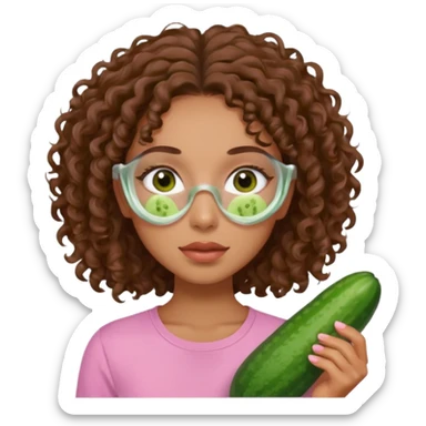 lightskin girl having a spa day with green skincare clay mask and ,cucumbers on her eyeballs  and brown curly hair and a pink shirt  sticker