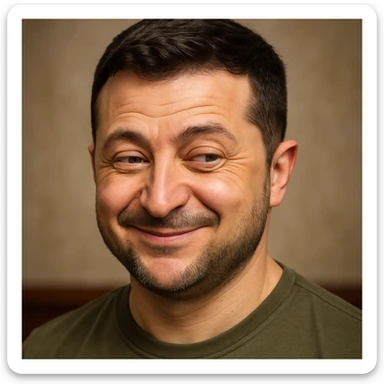 photorealistic emoji style portrait of Vladimir Zelensky with a very sly expression sticker