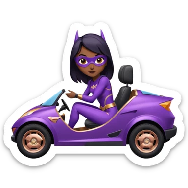 Hot full size real-appearance racing action (Darkness in her soul) BatGirl’s feminine midnight-purple tight outfit sixty’s tv show 1992 stealth retro cat burglar sporty petite off-road pursuit mobile cruiser car rose gold accents (black hair,reclined and relaxed seating position and attitude) sticker
