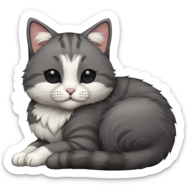 dark grey and white small cat with his eyes closed, leaning his head on his paw while leaning on his elbow lying down sticker