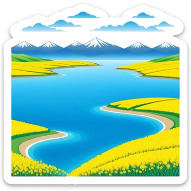 Qinghai Lake spring scenery with rapeseed flowers and blue water, simplified emoji style with bold outlines and bright colors, cartoon style vast lake with mountains sticker
