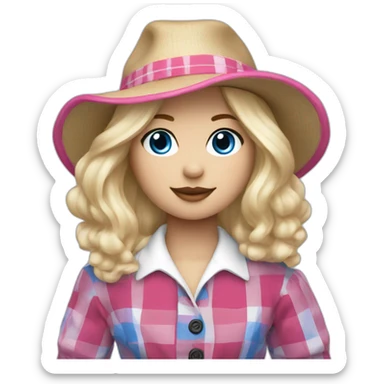 ragdoll with blond hair, pink hat and blue and white tartan dress sticker