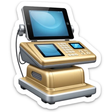 large expensive ultrasound machine that stands on the floor and is tall. sticker