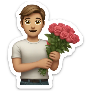 guy with brown hair holding bouquet of roses sticker