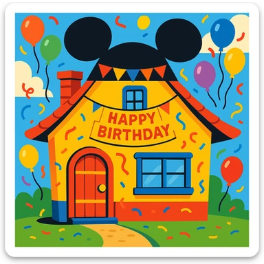 Cartoon house with Mickey Mouse ears, birthday decorations, colorful balloons and confetti sticker