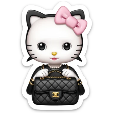Hello Kitty wears in Chanel with a black bag Timeles sticker