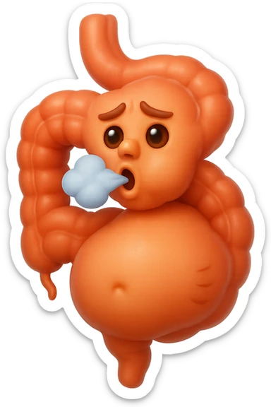 emoji stile iphone di un intestino che ingoia una nuvoletta di aria ben visibile e gli si gonfia la pancia, non fargli il naso, iperrealistico 4k sticker