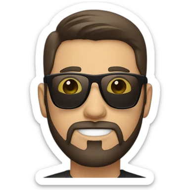 person short straight dark brown hair, goatee style beard with sunglasses. White background, simple black tshirt. smiling. white skin sticker