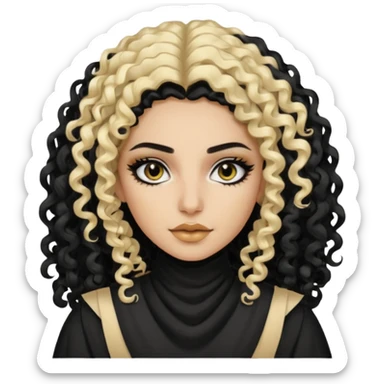 Pale Saudi pretty baddie, black eyeliner, curly long black and blonde split dye hair sticker