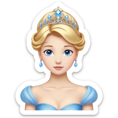 Cinematic Stunning Cinderella Portrait Emoji, Radiant in her sparkling blue ball gown, golden hair in a perfect updo, soft blue eyes full of wonder, glistening tiara, glowing with an ethereal beauty, regal yet kind, a dreamlike aura surrounds her, capturing the essence of a fairy tale princess, elegant and breathtaking! sticker