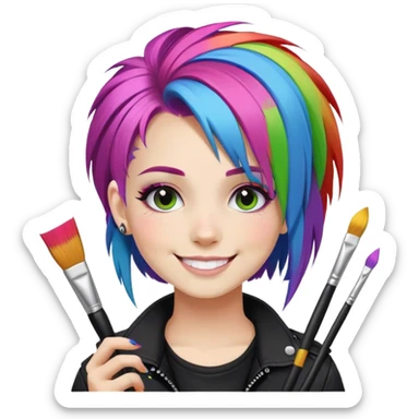 artist-girl with rainbow hair and brushes in black punk-clothing smiling sticker