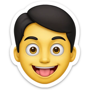 yellow face emoji smiling with huge tongue out and eyes wide open. Tongue should have the effect of wagging back and forth. Give him a head of black hair sticker