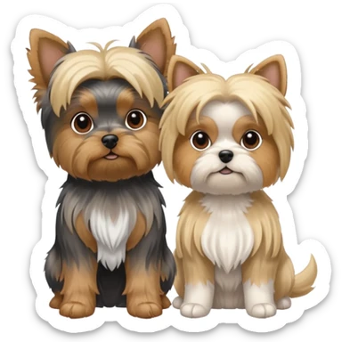 Generate a blue and tan purebred yorkie with a blonde shi tzu yorkie mix sitting next to each kther sticker
