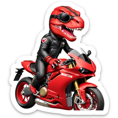 A fierce red T-Rex with a bold, aggressive attitude, dressed as a biker with a black leather jacket, gloves, and aviator goggles. It is riding a black Ducati Panigale, gripping the handlebars tightly. The design should be in a mascot logo style, with thick outlines, vibrant colors, and a dynamic, powerful look. The background should be transparent or nonexistent sticker
