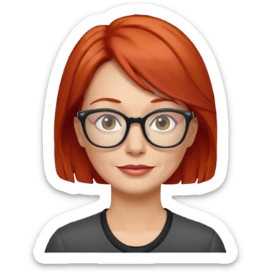 A middle-aged woman with red hair and glasses sticker