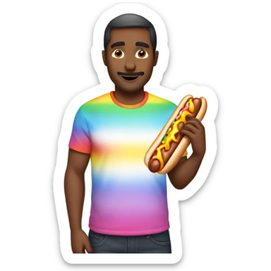 Man with rainbow shirt holding a hotdog sticker