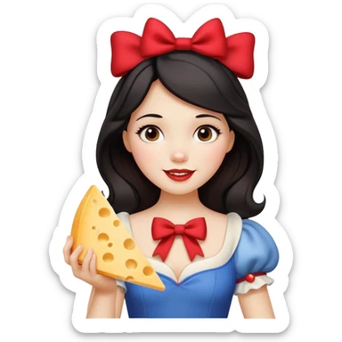 Happy Disney Snow White with red bow in hair and holding triangle wedge of cheese sticker
