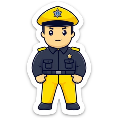 Russian police officer with yellow uniform and yellow police hat sticker