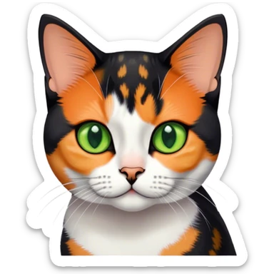 American shorthair calico cat with big green eyes and black fur on the right side of their face and orange on the left side sitting down sticker