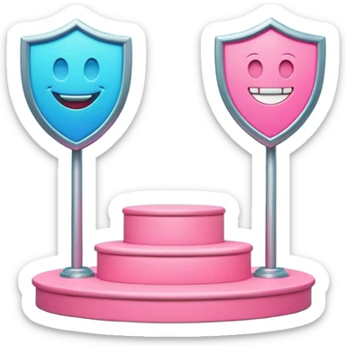 Minimalist 3D emoji-style podium with 2 steps on a green chroma key background. Step 1 (higher) features a handshake icon with blue neon glow. Step 2 (lower) features a smiling tooth with a shield icon and pink neon glow. Clean rendering, soft colors, uniform lighting. sticker