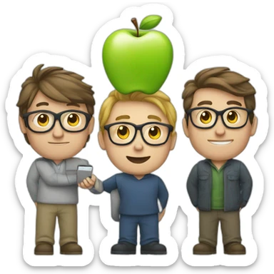 four european nerds holding up the apple logo sticker