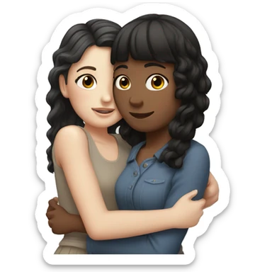 white girl with brown curls hugging another white girl with black hair and bangs sticker